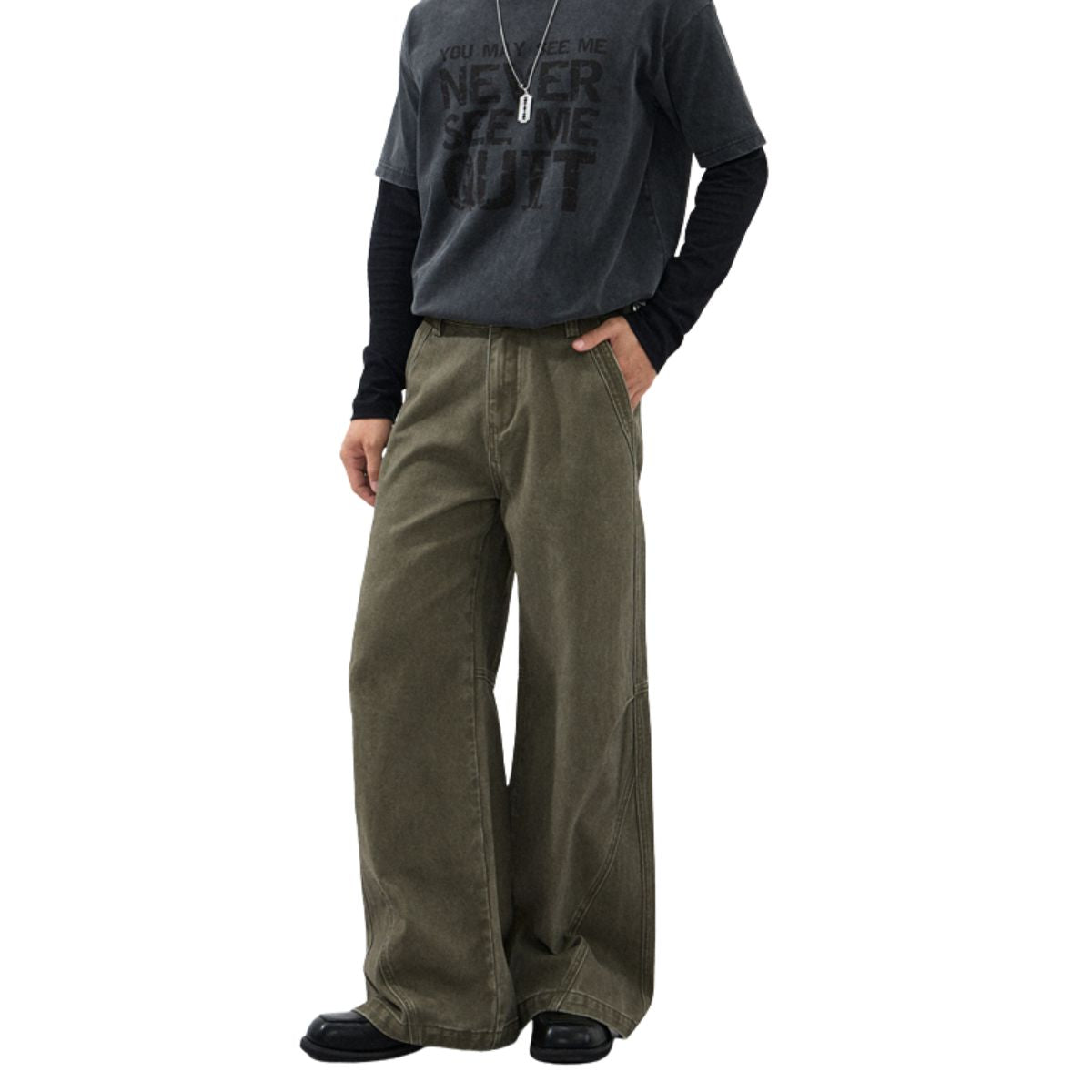 Vintage Washed Seam‑Detail Wide Leg Trousers