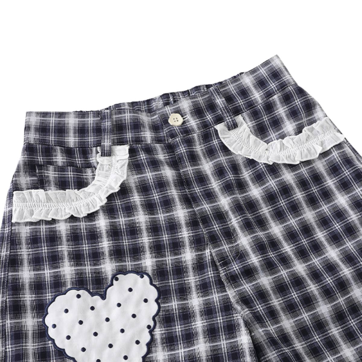 Washed Plaid Graphic Patchwork Bow Detail Relaxed Wide-Leg Capri Denim Pants