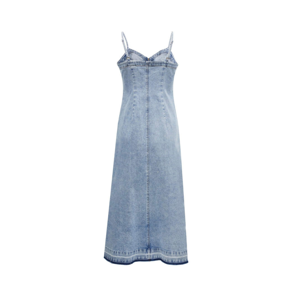 Zip-Front Spaghetti Strap Denim Midi Dress