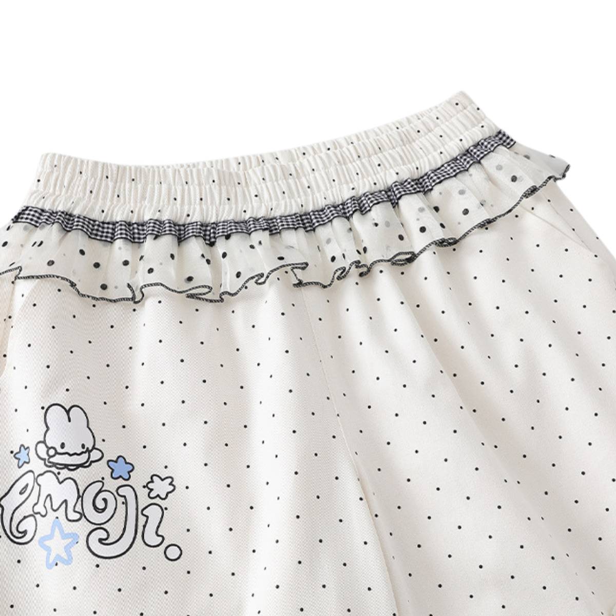 Y2K Polka Dot Graphic Ruffle Waist Baggy Wide-Leg Bermuda Denim Shorts