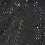 Snow Wash Sparkling Rhinestone Frayed Distressed Zip-Up Hoodie