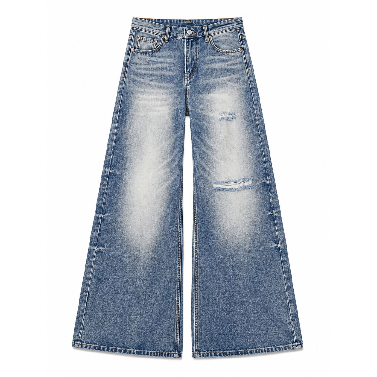 Washed Gradient Distressed Curved Leg Wide Denim Jeans