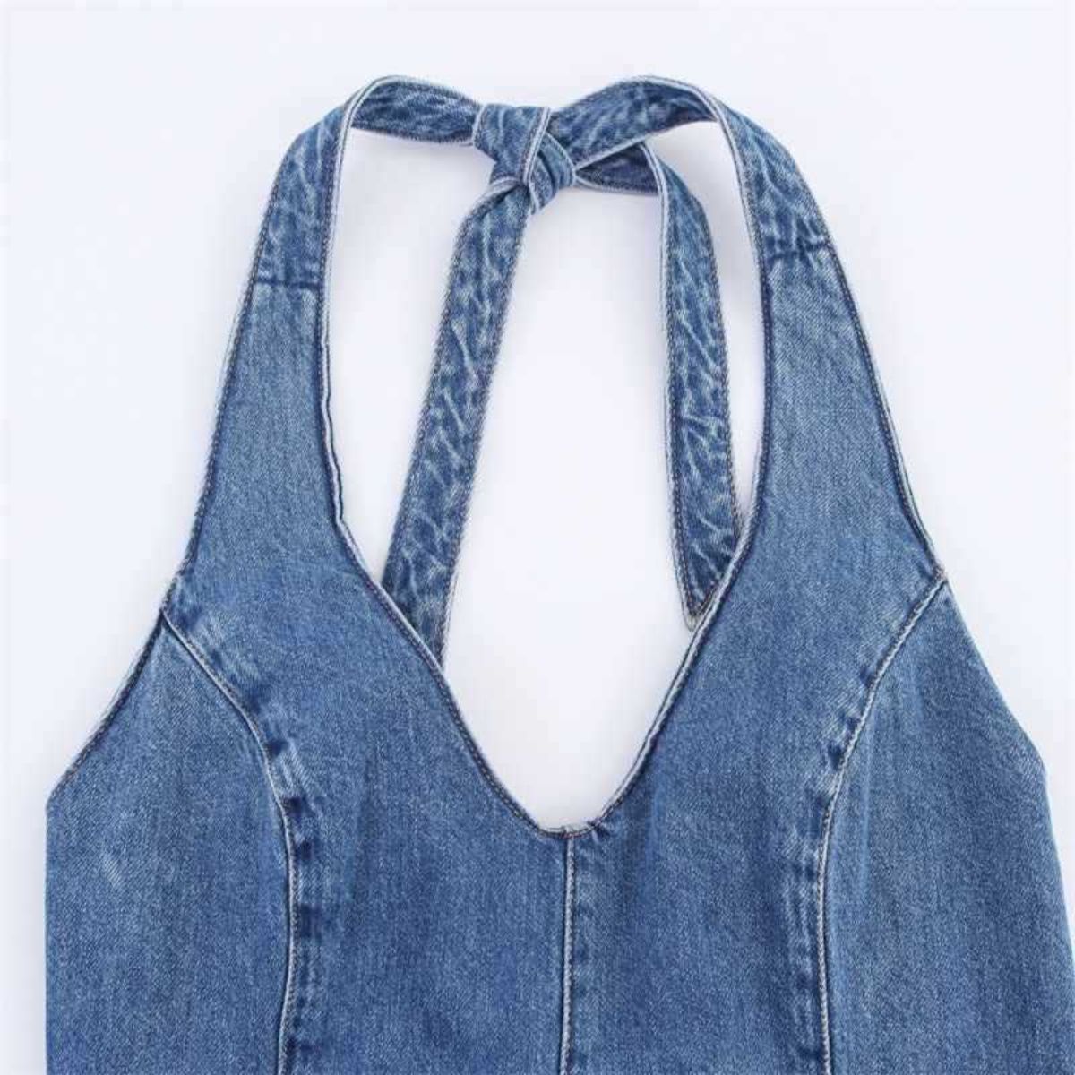 Self-Tied Halter Neck Denim Maxi Dress