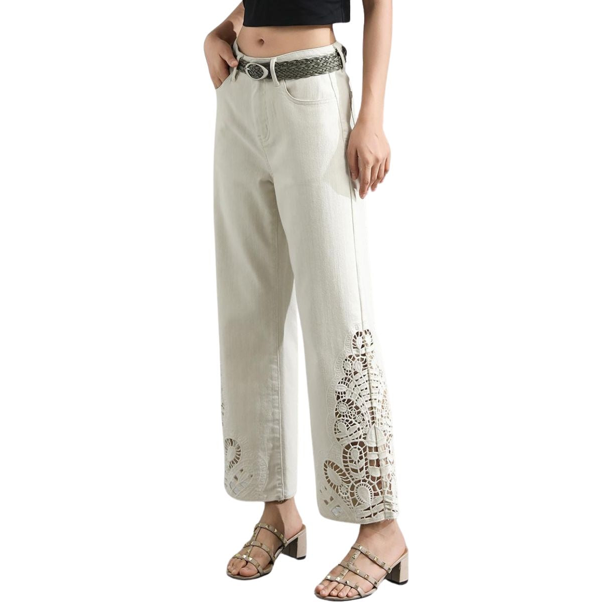 Risen Jeans Wide Leg Embroidered Cut-Out Ankle Jeans