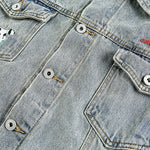 Unisex Loose Lazy Style Retro Cute Animal Embroidered Lapel Washed Denim Jacket