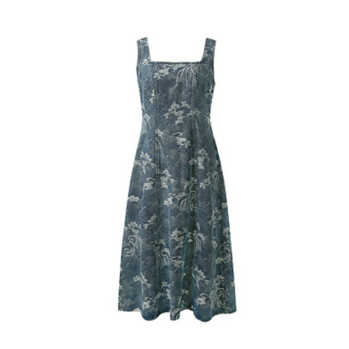 Denim Jacquard Square-Neck A-Line Midi Dress