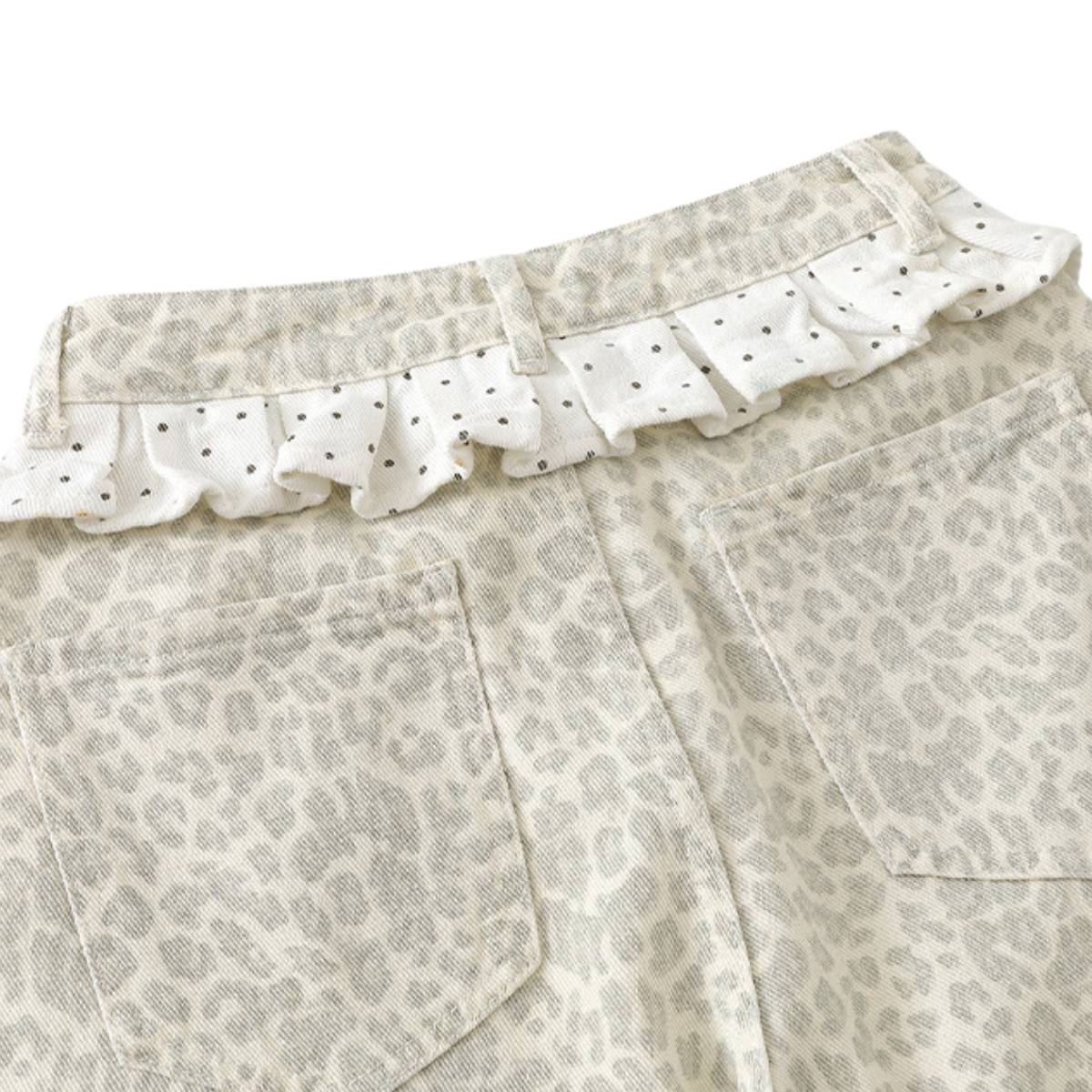Leopard Print Polka Dot Ruffle Waist Rhinestone Graffiti Wide-Leg Jeans