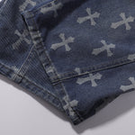 Cross Print Wide Leg Denim Jeans