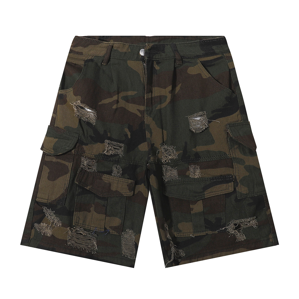 Bermudas vaqueras rasgadas con parches de camuflaje