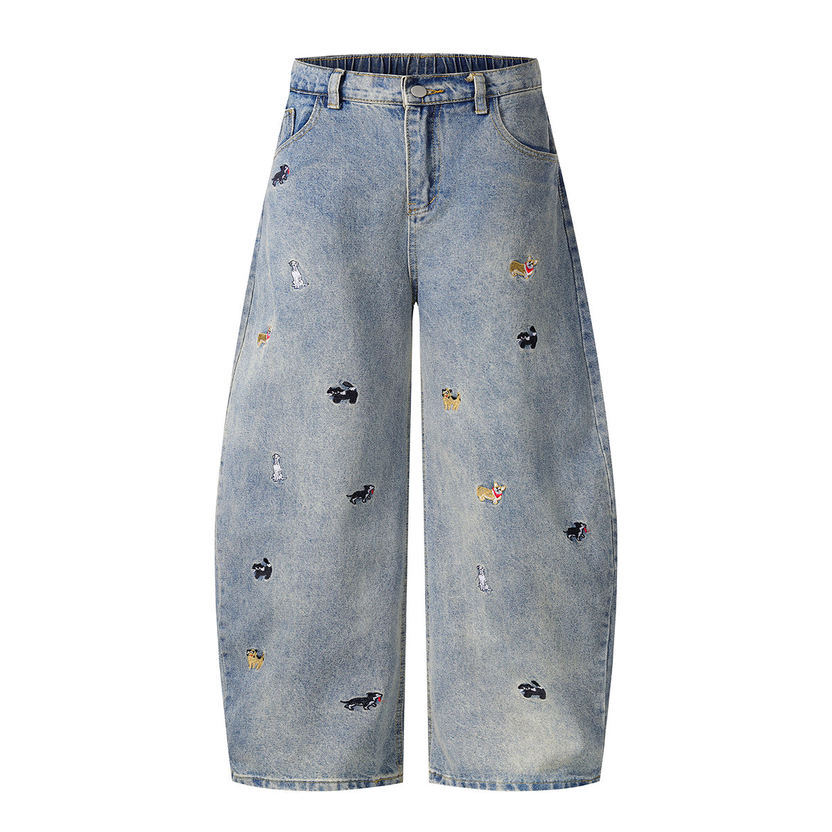 Washed Faded Dog-Embroidered Barrel-Leg Jeans