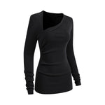 Asymmetric Neck Long Sleeve Ribbed Top