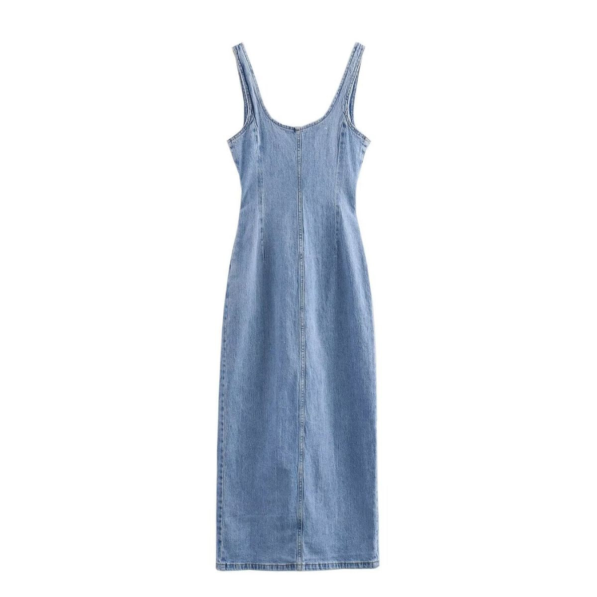 Button-Front Washed Strappy Denim Maxi Dress