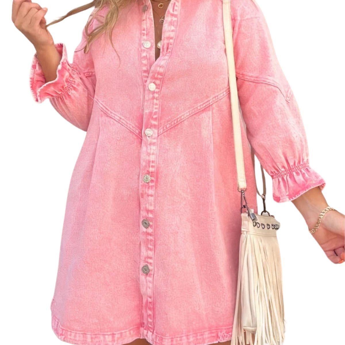 Women's Button Front Long Sleeve Short Denim Dress