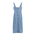 Button-Front Strappy Denim Maxi Dress