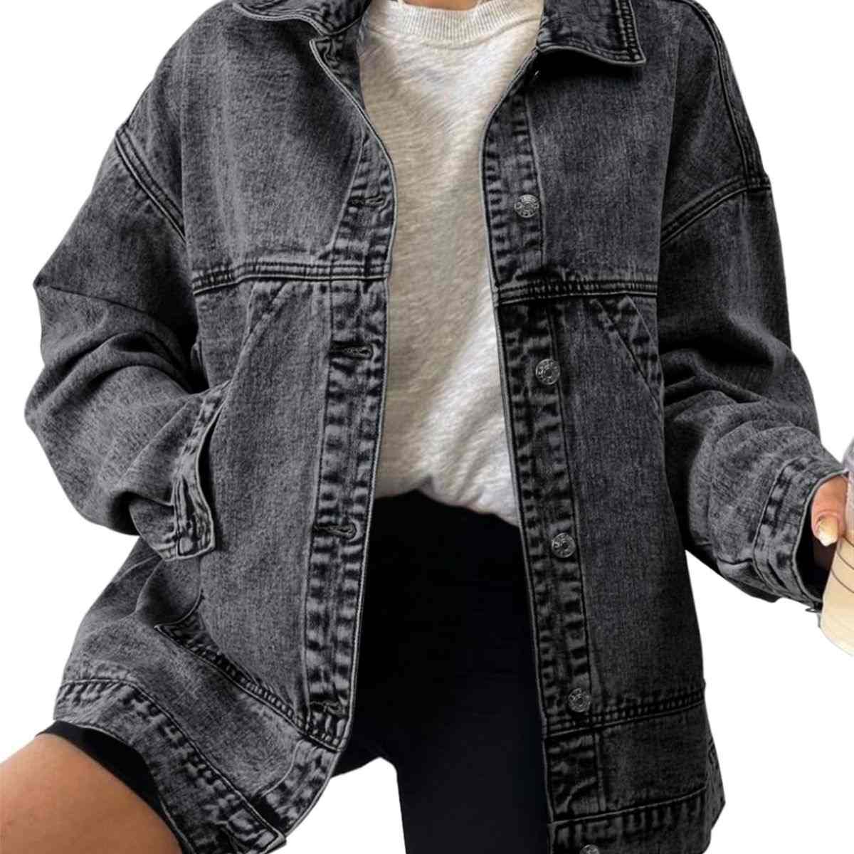 Women's Casual Drop Shoulder Button Front Denim Jacket With Pockets