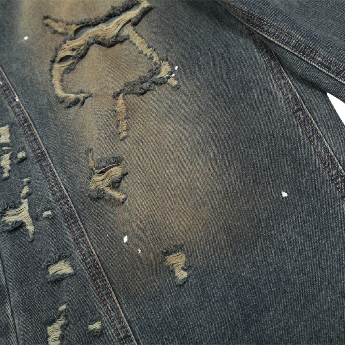 Men's Curved Denim Pants Wide Leg Distressed Paint Splatter Holes