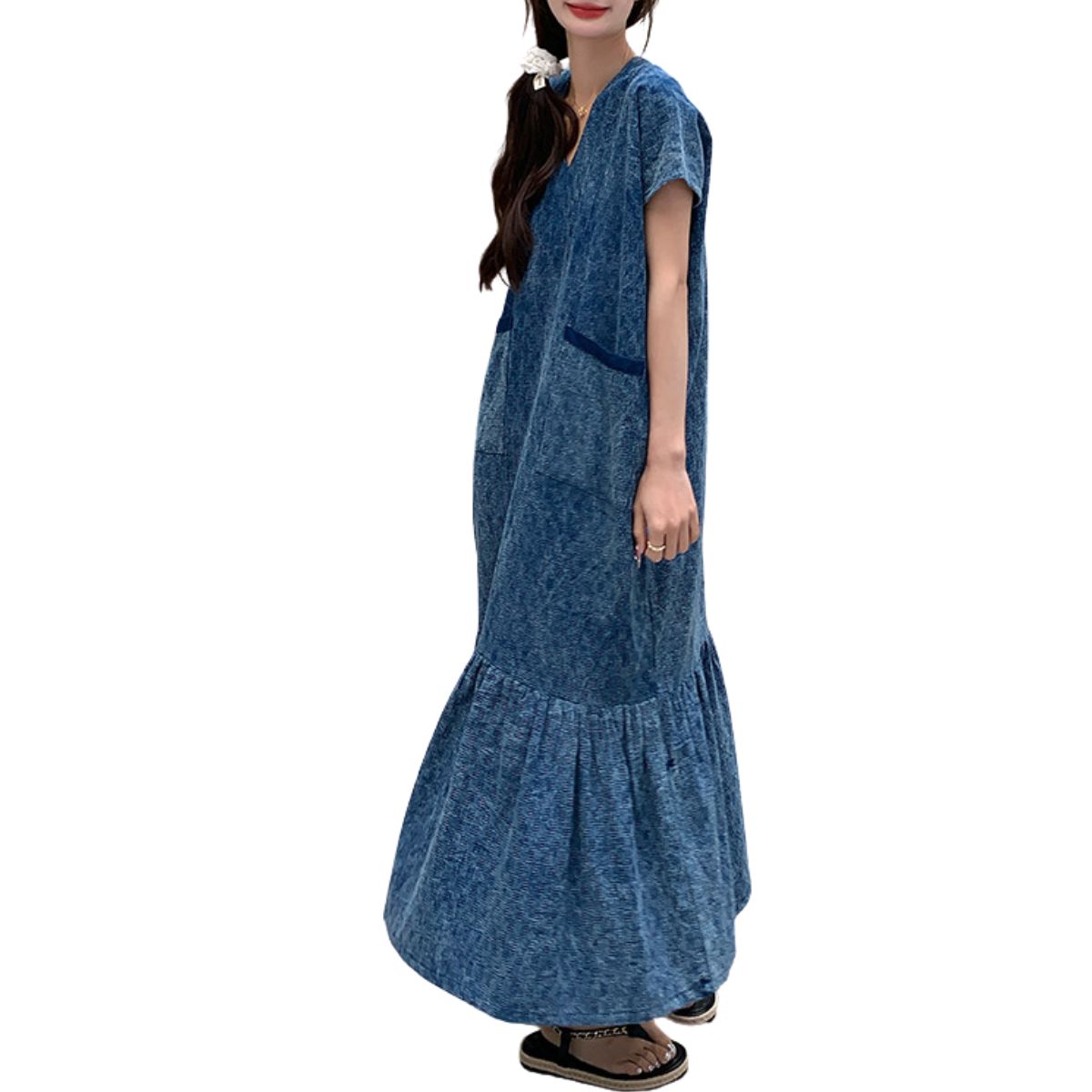 Jacquard Oversized Short-Sleeve Denim Mididress