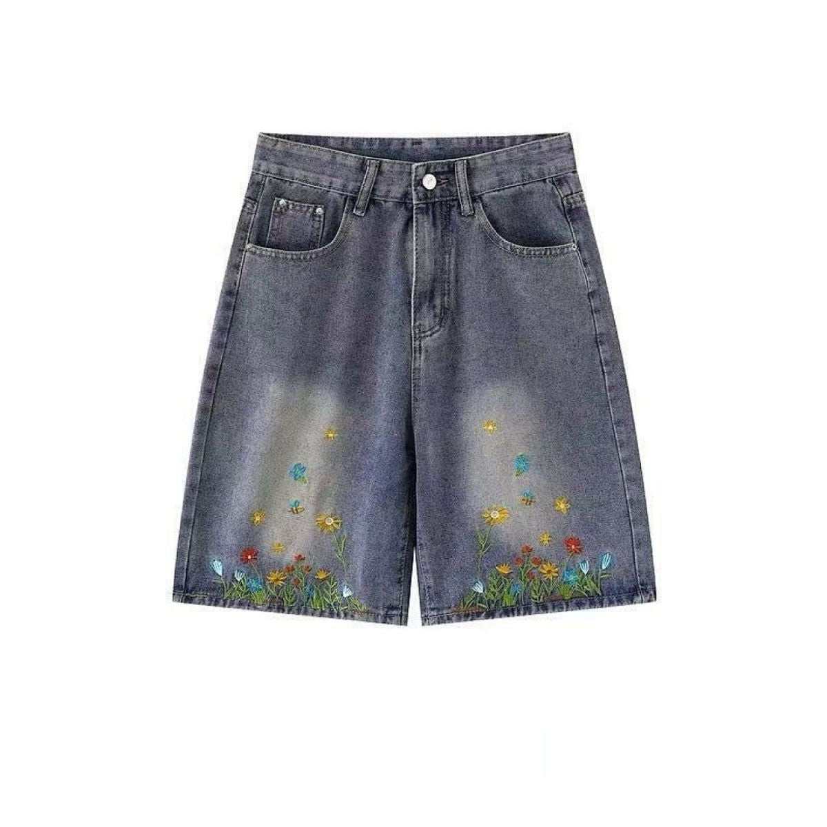 Floral Embroidery Washed Denim Shorts