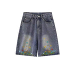 Floral Embroidery Washed Denim Shorts