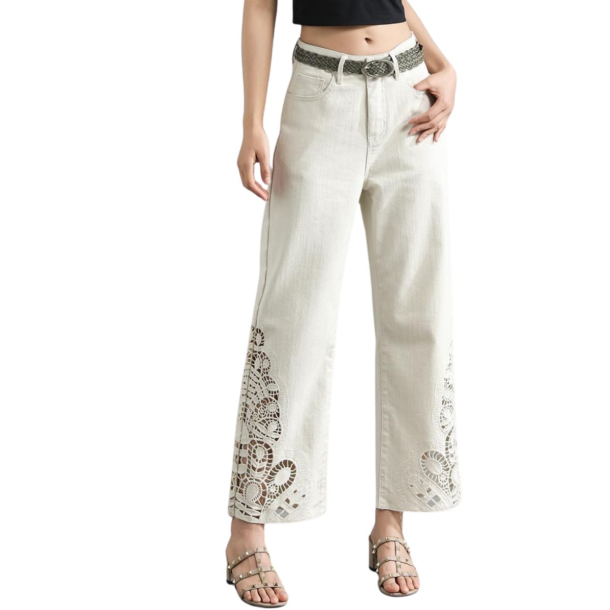 Risen Jeans Wide Leg Embroidered Cut-Out Ankle Jeans