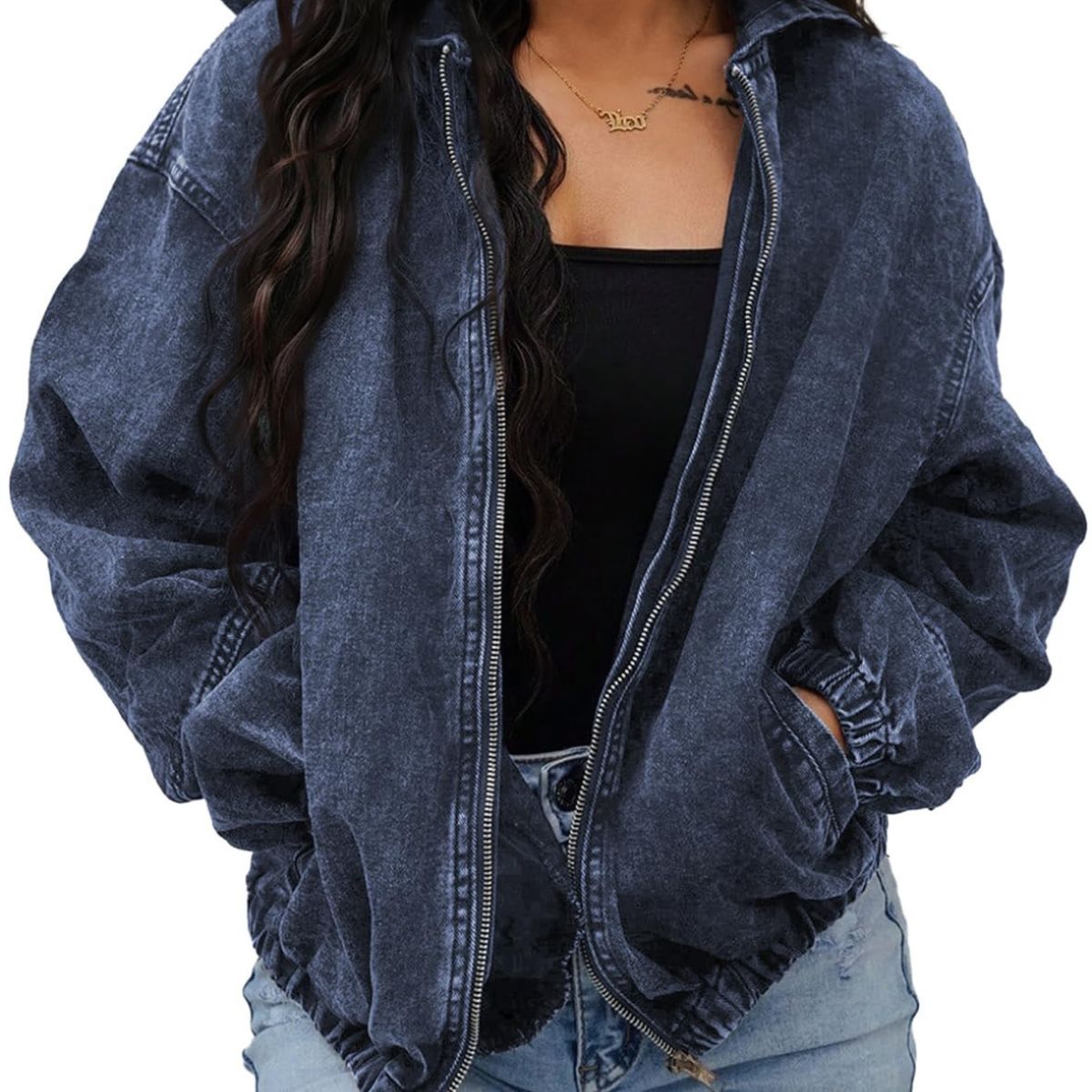Women's Zip Up Hooded Cropped Denim Jacket