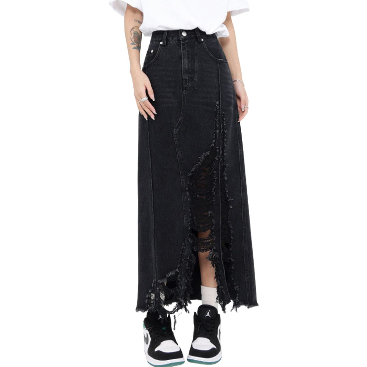 Women's Destroyed Denim Midi Skirt