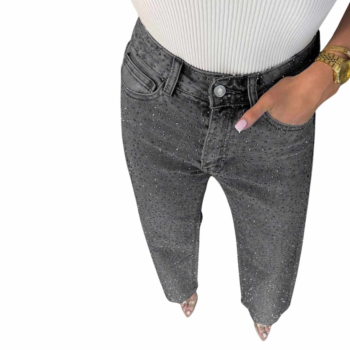 Y2K High WaistedStretch Rhinestone Wide Leg Jeans