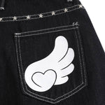 Retro Contrast Heart & Wings Patchwork High Rise Loose Draped Denim Jeans
