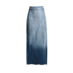 Raw Hem Ombré Washed Denim Maxi Skirt
