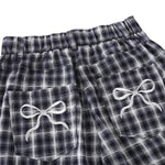 Washed Plaid Graphic Patchwork Bow Detail Relaxed Wide-Leg Capri Denim Pants