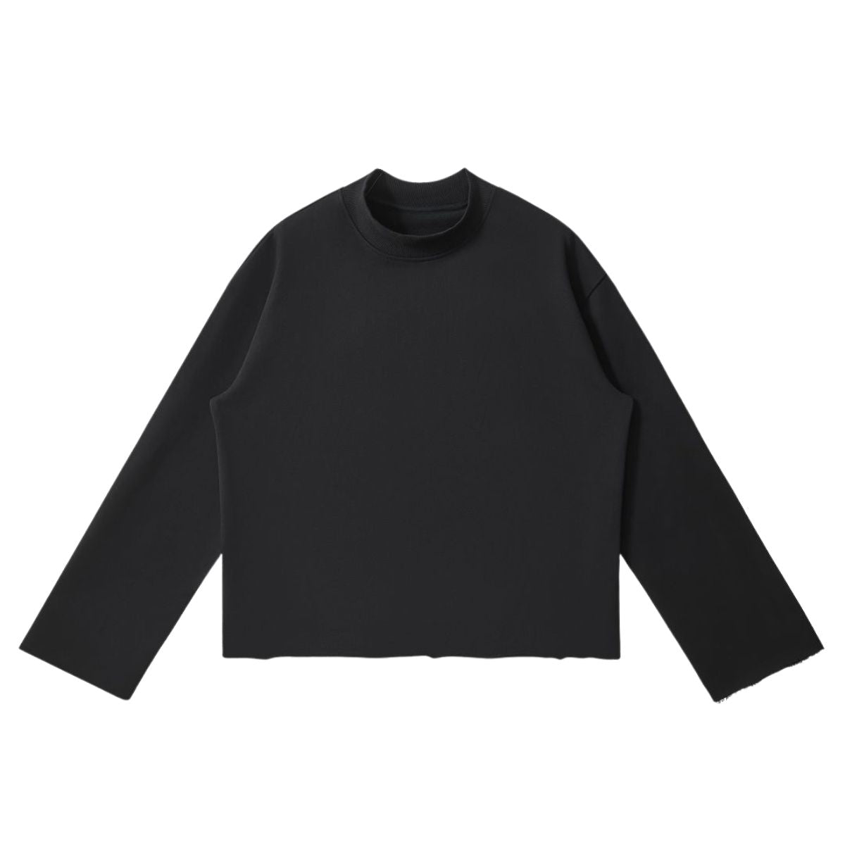 Short‑Wide Mock Neck Sweatshirt With Raw Frayed Loop Hem