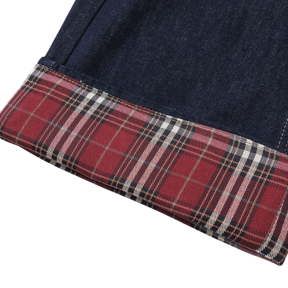 Vintage Raw Denim Red Plaid Panel Flare Jeans