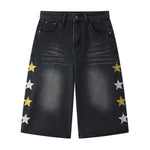 Star Print Washed Denim Capri Shorts