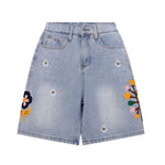 Floral Embroidery Washed Denim Shorts