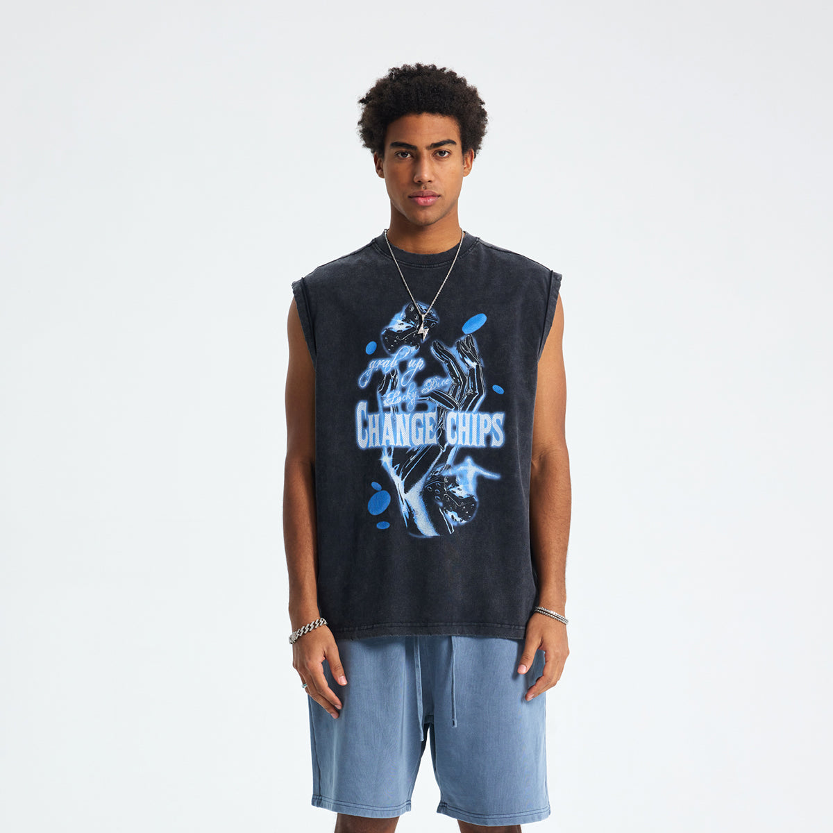 Distressed Graphic Back-Seam Muscle Tank