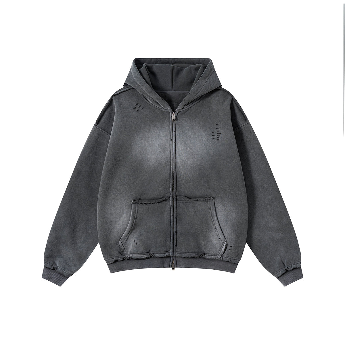 Front-Zip Raw Edge Ripped Hoodie