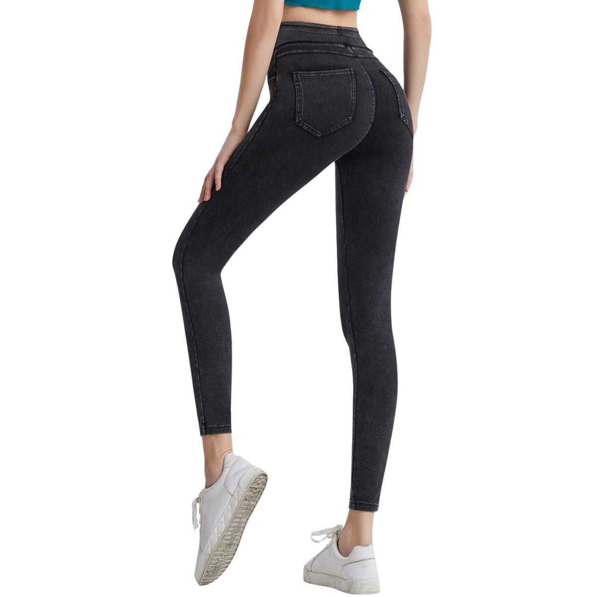 High Waisted Washed Denim Capri Leggings