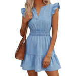 Vestido vaquero midi con cinturón y mangas cortas