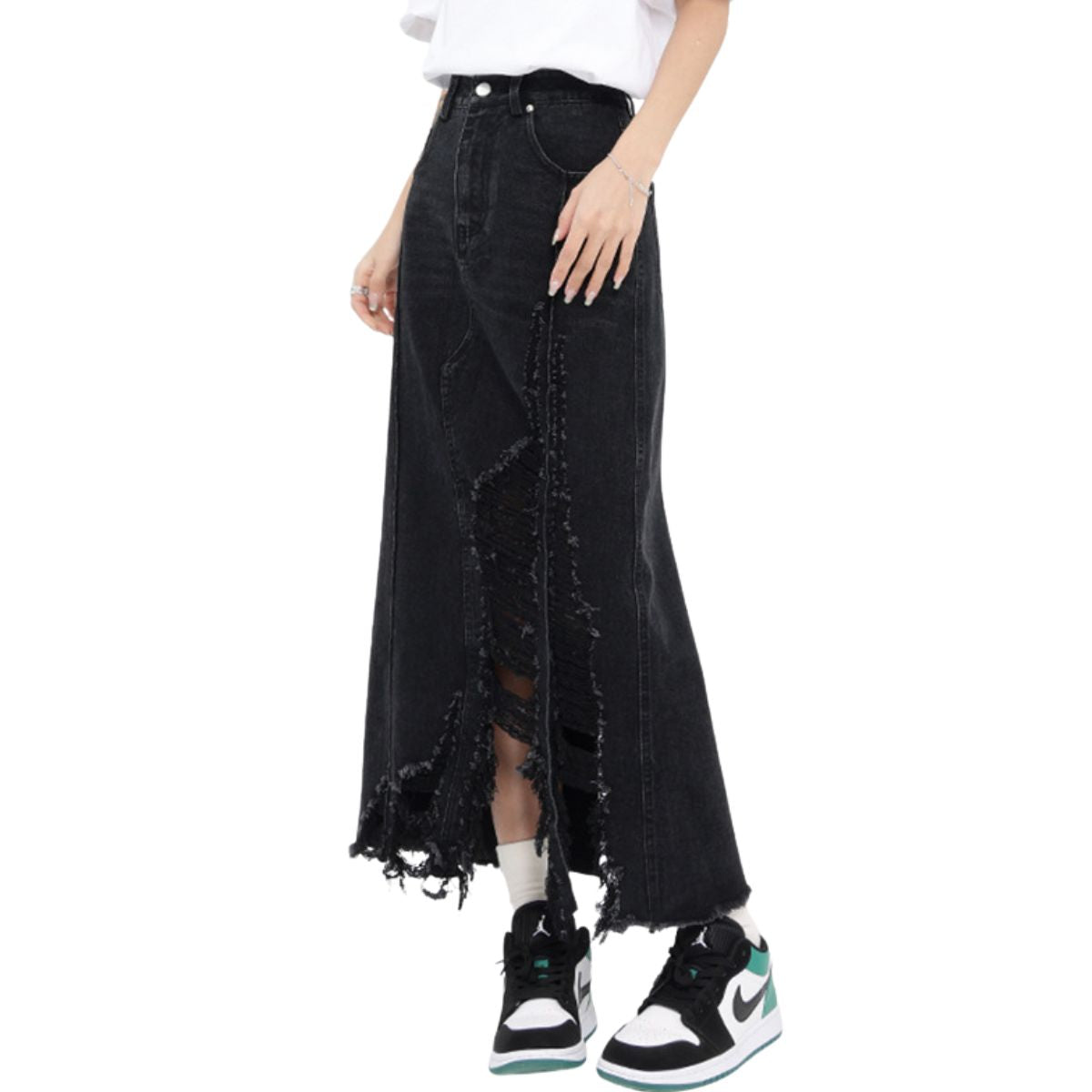 Women's Destroyed Denim Midi Skirt