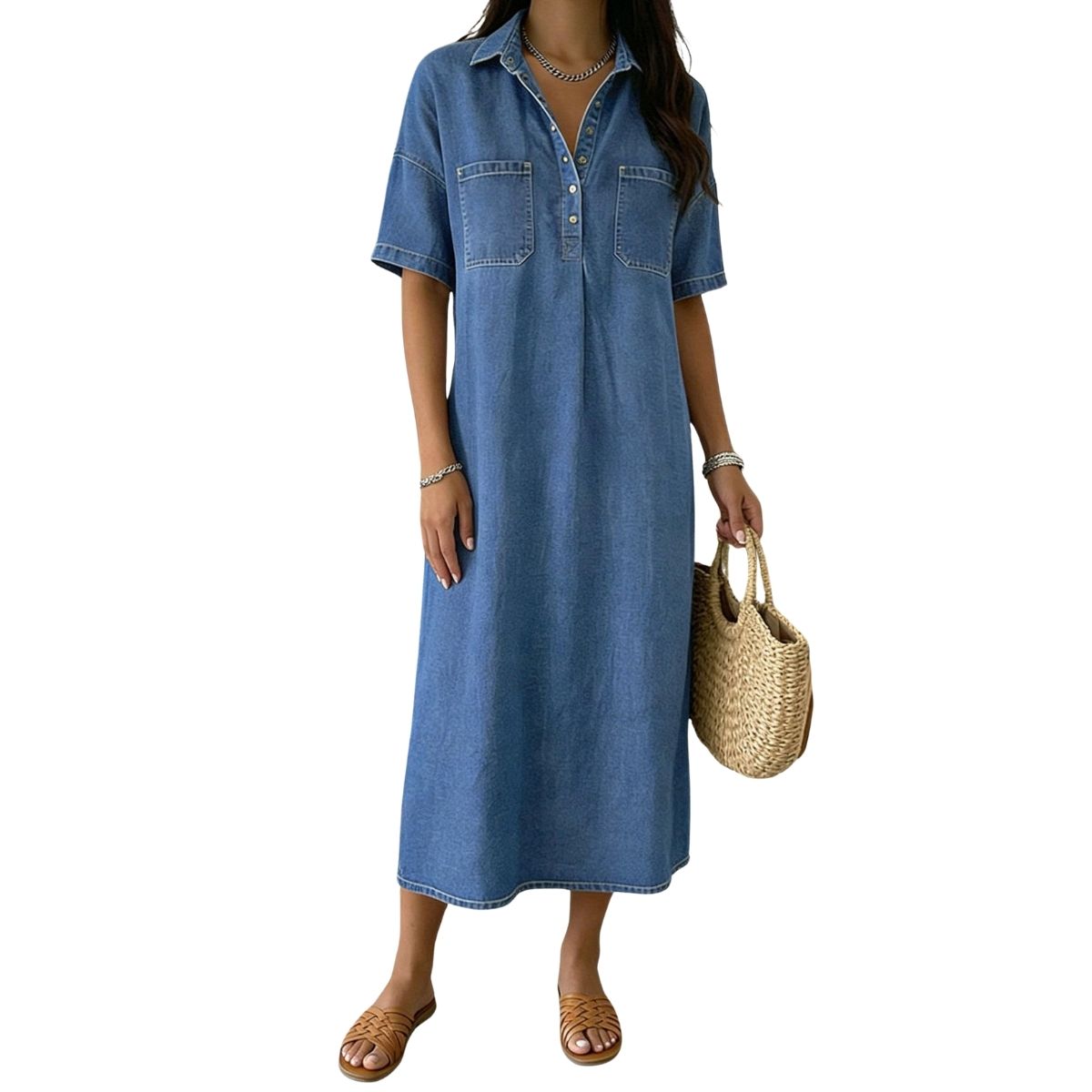 Vestido vaquero midi con cinturón y mangas cortas