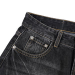 Faded Crackle Wash Baggy Curved Leg Denim Jeans