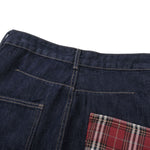 Vintage Raw Denim Red Plaid Panel Flare Jeans