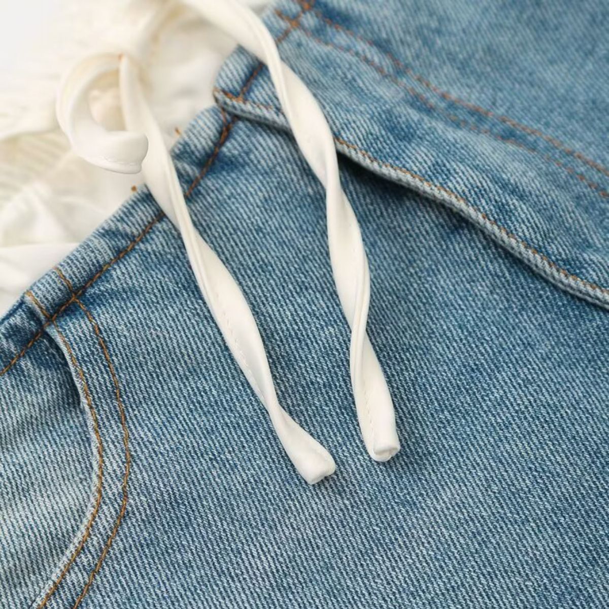 Double Waistband Washed Denim Mini Skirt