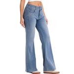 Mid-Rise Washed Knit Denim Flare Jeans