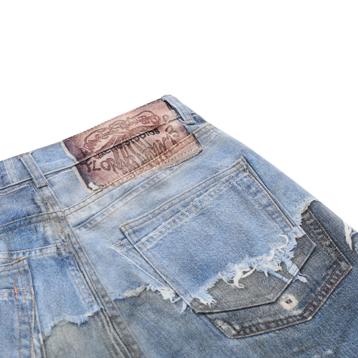 Vintage Washed Distressed Denim Bermuda Shorts with Frayed Panels