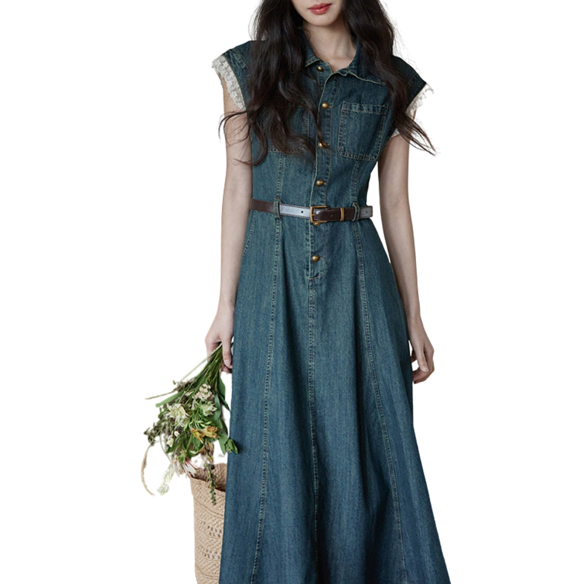 Cap Sleeve Belted Midi Denim Dress