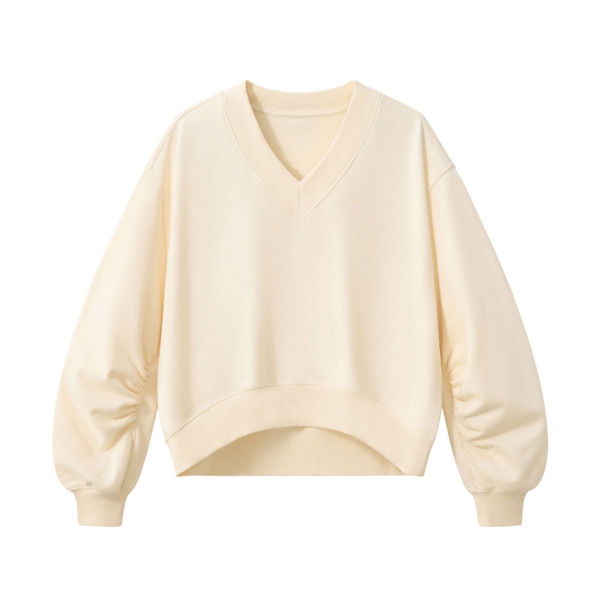 Boxy Short‑Wide V‑Neck Sweatshirt With Gathered Lantern Puff Sleeves