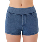 Mid-Waisted Washed Knit Denim Shorts