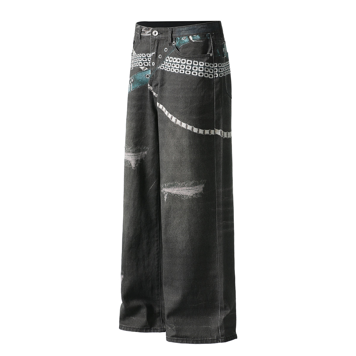 Vintage Washed Black Wide-Leg Printed Jeans