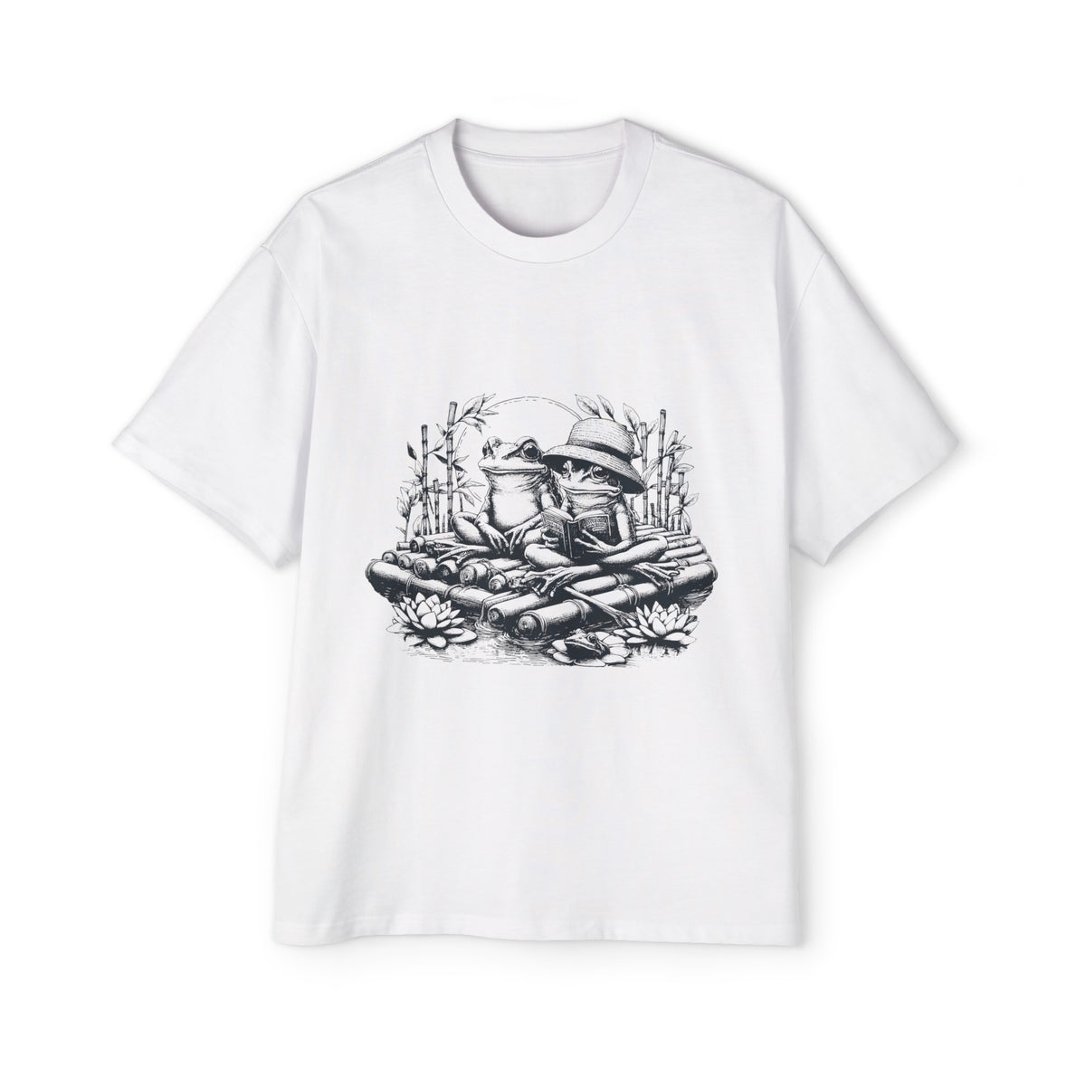Frogs Reading On Bamboo Raft Graphic Tee-INNBLAC Fashion Apparel